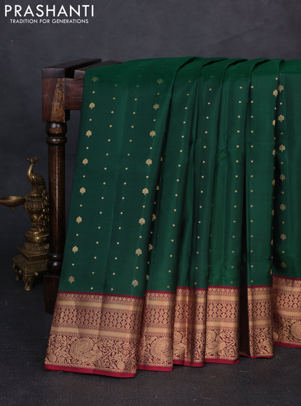 Pure soft silk saree bottle green and deep maroon with allover zari woven buttas and zari woven border
