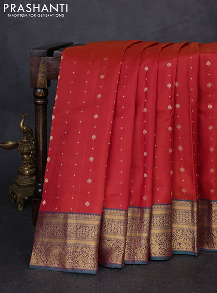 Pure soft silk saree red and teal green with allover zari woven buttas and zari woven border