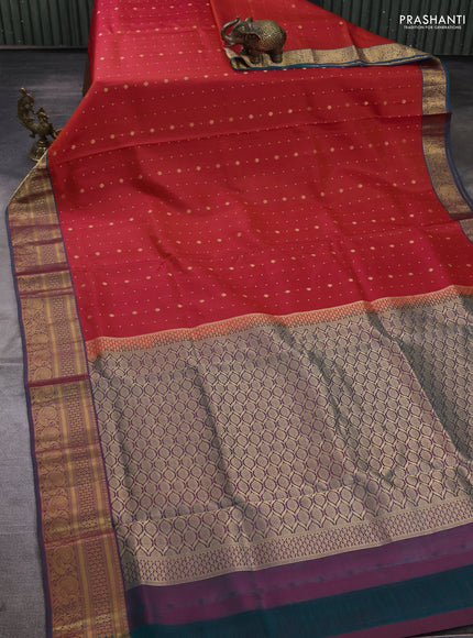 Pure soft silk saree red and teal green with allover zari woven buttas and zari woven border