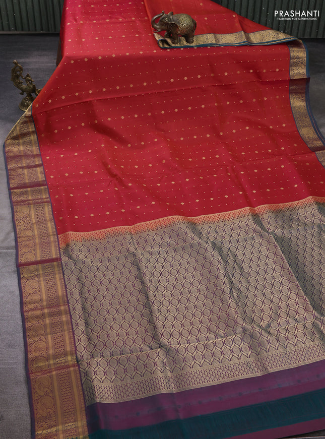 Pure soft silk saree red and teal green with allover zari woven buttas and zari woven border