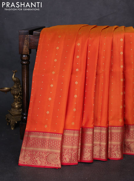 Pure soft silk saree orange and red with allover zari woven buttas and zari woven border