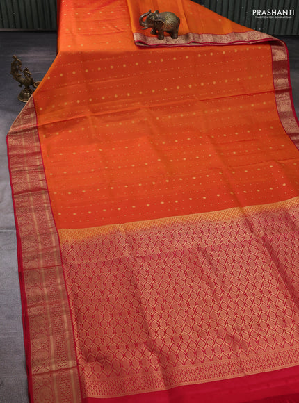 Pure soft silk saree orange and red with allover zari woven buttas and zari woven border