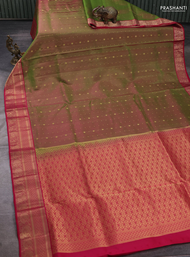 Pure soft silk saree dual shade of greenish pink and maroon with allover zari woven buttas and zari woven border