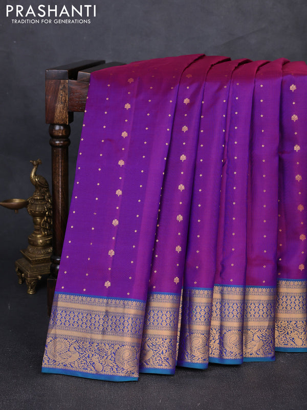 Pure soft silk saree purple and teal green with allover zari woven buttas and zari woven border