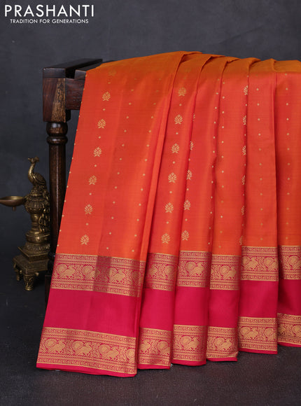 Pure soft silk saree orange and tomato pink with allover zari woven buttas and rettapet zari woven border