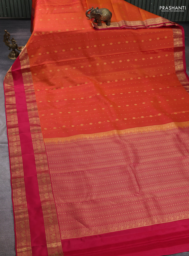 Pure soft silk saree orange and tomato pink with allover zari woven buttas and rettapet zari woven border