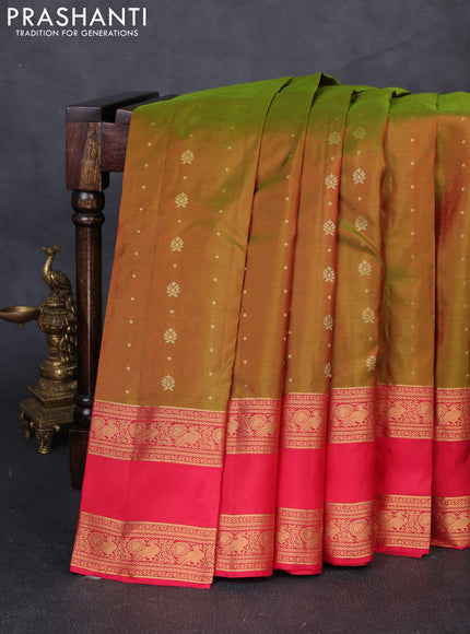 Pure soft silk saree mustard green and tomato pink with allover zari woven buttas and rettapet zari woven border