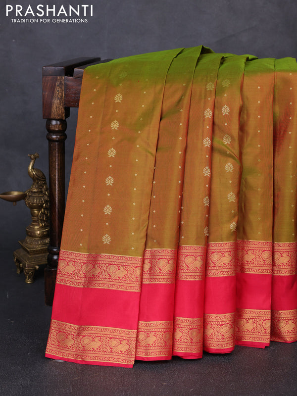 Pure soft silk saree mustard green and tomato pink with allover zari woven buttas and rettapet zari woven border