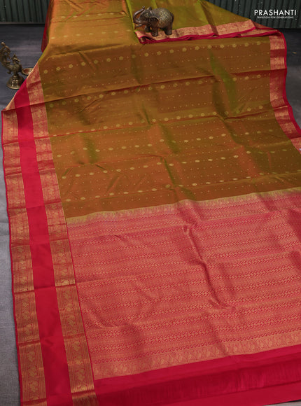 Pure soft silk saree mustard green and tomato pink with allover zari woven buttas and rettapet zari woven border