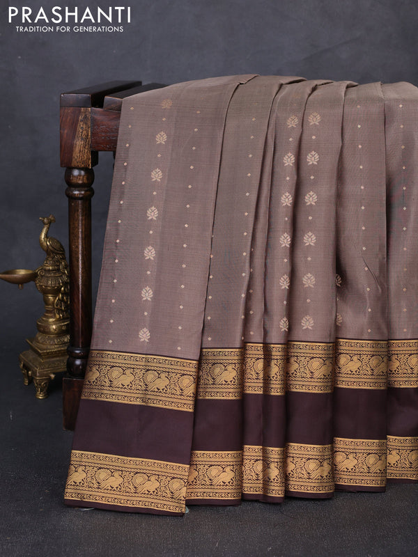 Pure soft silk saree pastel brown and coffee brown with allover zari woven buttas and rettapet zari woven border