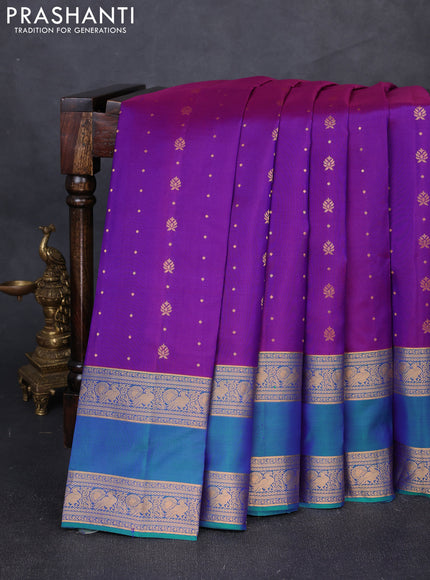 Pure soft silk saree purple and teal blue with allover zari woven buttas and rettapet zari woven border