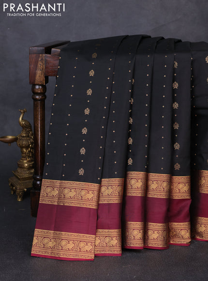 Pure soft silk saree black and magenta pink with allover zari woven buttas and rettapet zari woven border