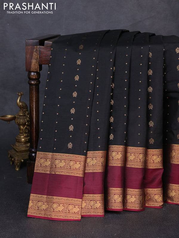 Pure soft silk saree black and magenta pink with allover zari woven buttas and rettapet zari woven border