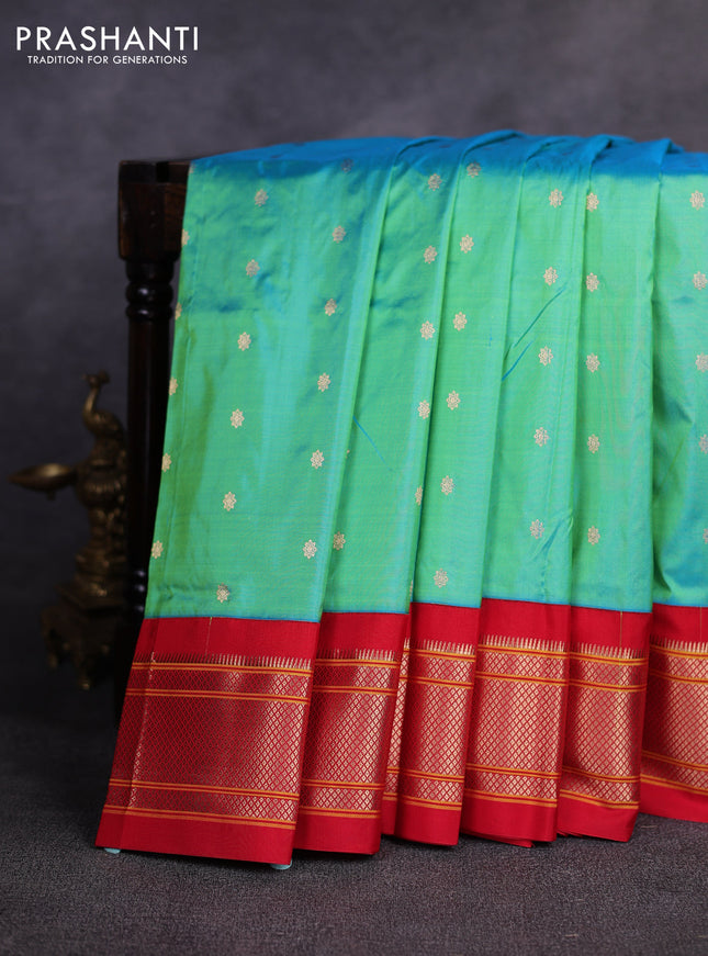 Pure paithani silk saree teal green shade and red with allover zari woven buttas and paithani weaving pallu