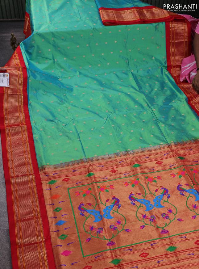Pure paithani silk saree teal green shade and red with allover zari woven buttas and paithani weaving pallu