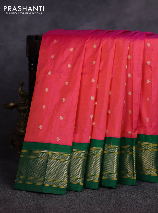 Pure paithani silk saree pink and green with allover zari woven buttas and paithani weaving pallu