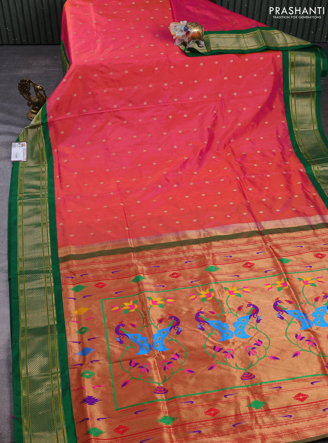 Pure paithani silk saree pink and green with allover zari woven buttas and paithani weaving pallu