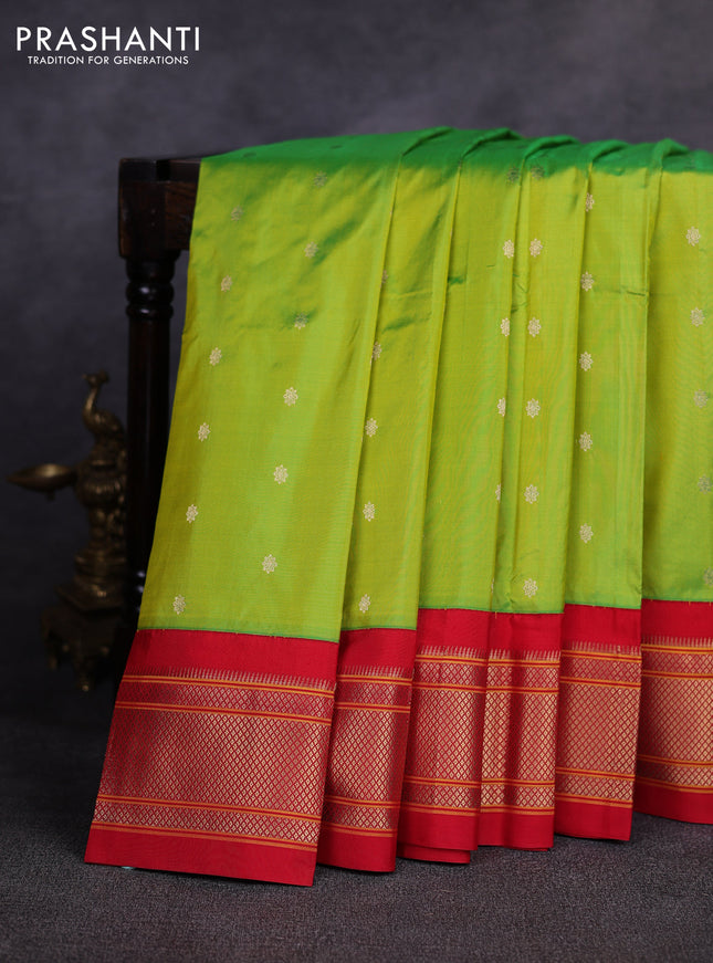 Pure paithani silk saree florescent green and red with allover zari woven buttas and paithani weaving pallu