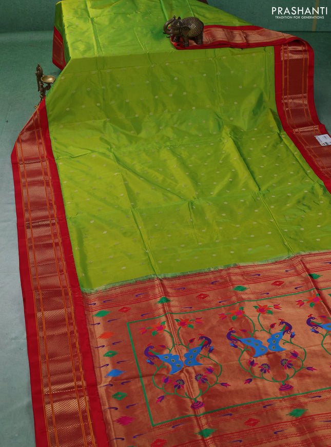 Pure paithani silk saree florescent green and red with allover zari woven buttas and paithani weaving pallu