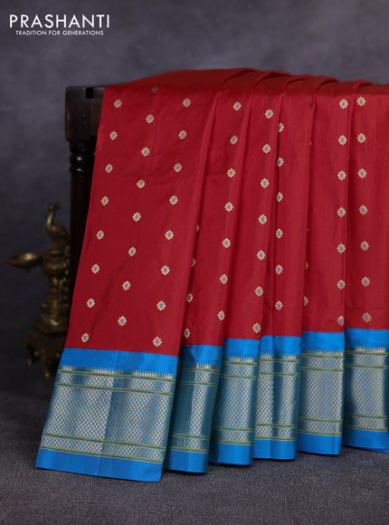 Pure paithani silk saree red and cs blue with allover zari woven buttas and paithani weaving pallu