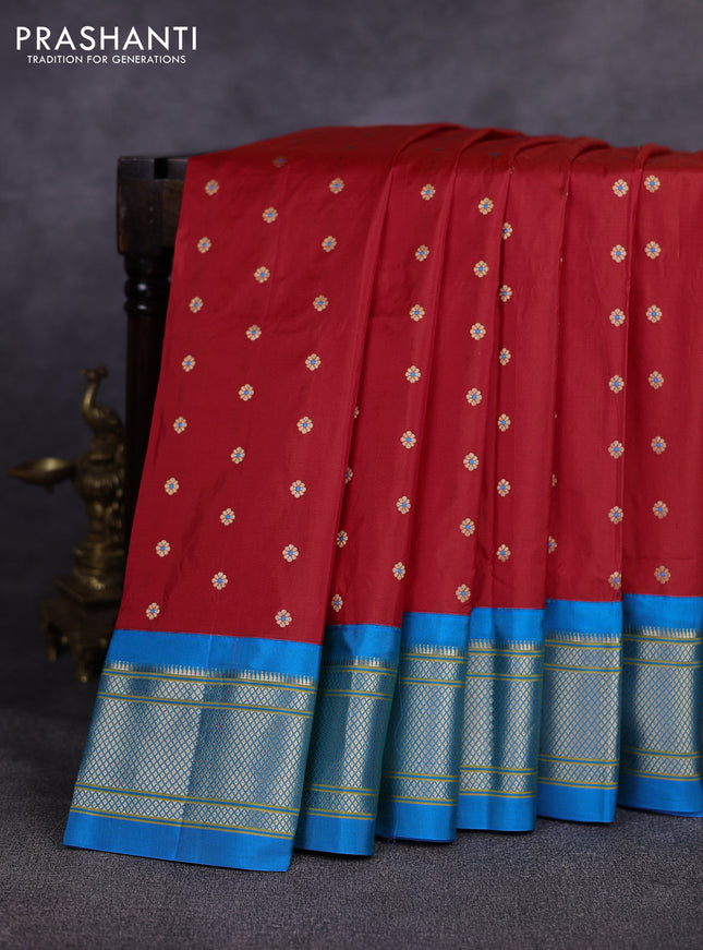 Pure paithani silk saree red and cs blue with allover zari woven buttas and paithani weaving pallu