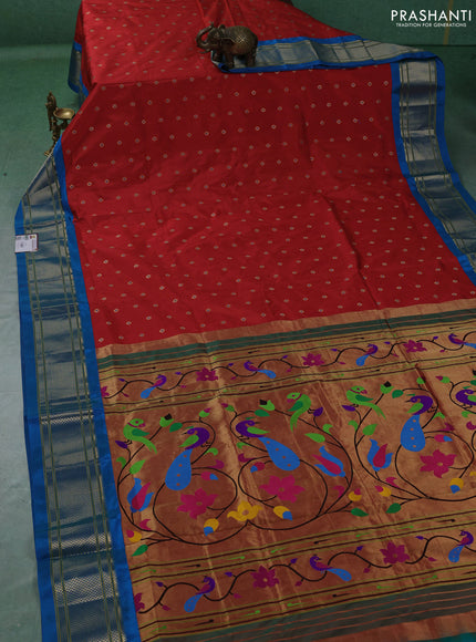 Pure paithani silk saree red and cs blue with allover zari woven buttas and paithani weaving pallu