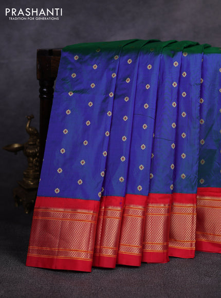 Pure paithani silk saree dual shade of bluish green and red with allover zari woven buttas and paithani weaving pallu