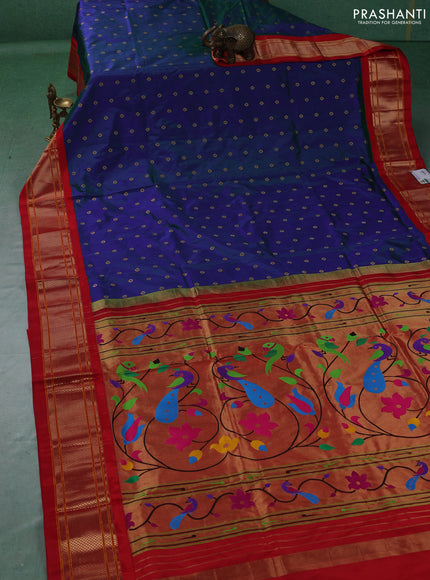 Pure paithani silk saree dual shade of bluish green and red with allover zari woven buttas and paithani weaving pallu