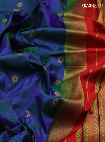 Pure paithani silk saree dual shade of bluish green and red with allover zari woven buttas and paithani weaving pallu