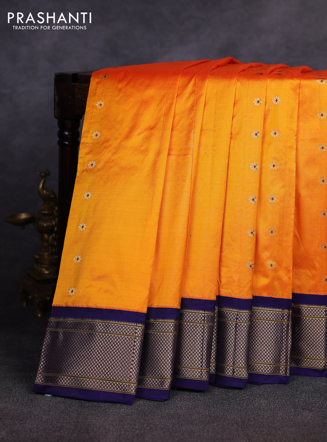 Pure paithani silk saree mango yellow and navy blue with allover zari woven buttas and paithani weaving pallu