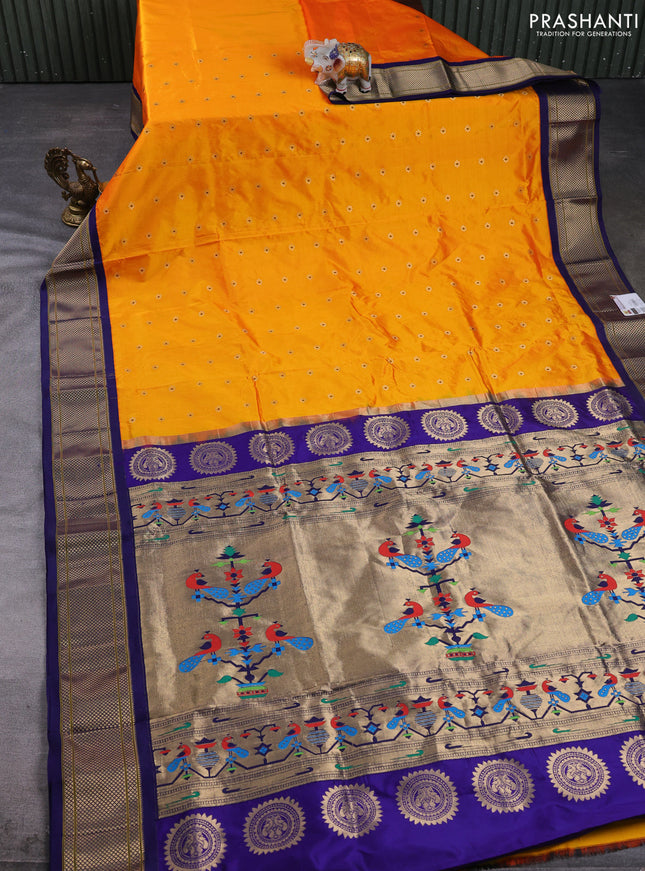 Pure paithani silk saree mango yellow and navy blue with allover zari woven buttas and paithani weaving pallu