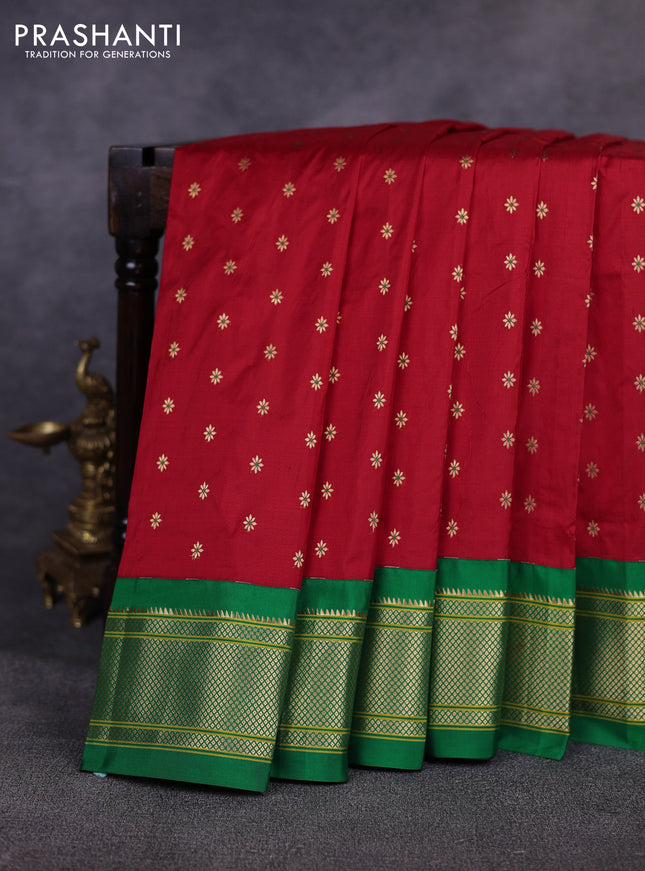 Pure paithani silk saree red and green with allover zari woven buttas and paithani weaving pallu