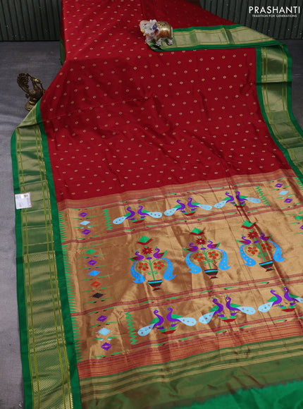 Pure paithani silk saree red and green with allover zari woven buttas and paithani weaving pallu