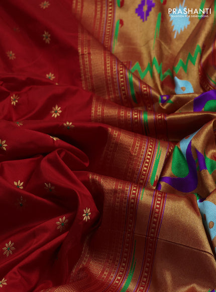 Pure paithani silk saree red and green with allover zari woven buttas and paithani weaving pallu