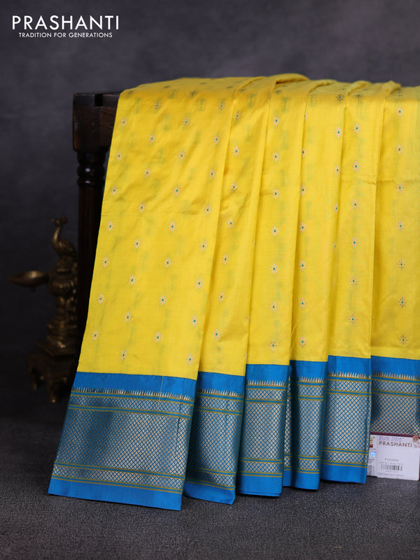 Pure paithani silk saree yellow and cs blue with allover zari woven buttas and paithani weaving pallu