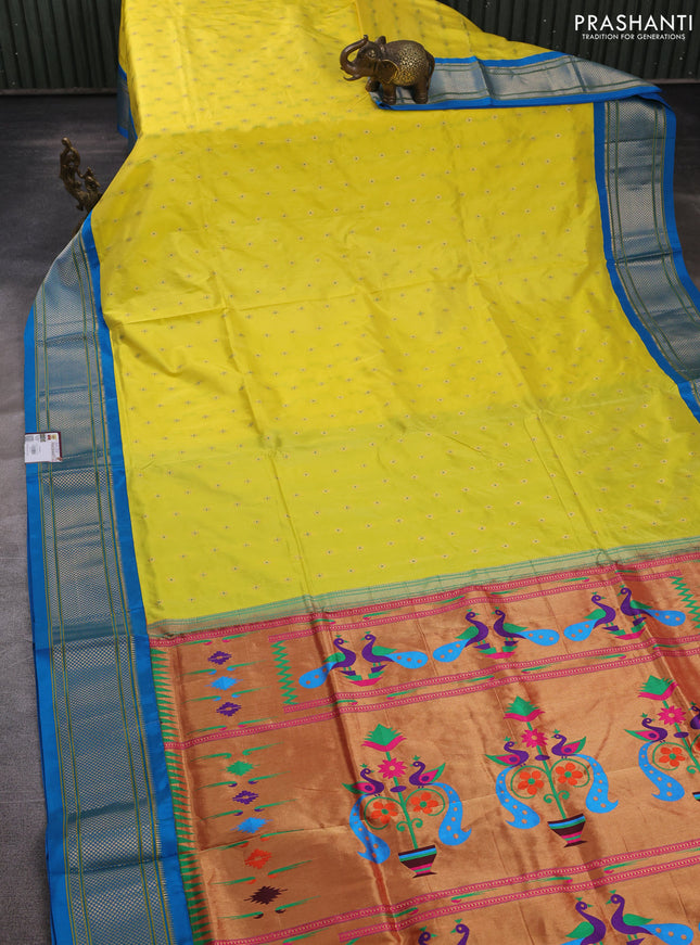 Pure paithani silk saree yellow and cs blue with allover zari woven buttas and paithani weaving pallu