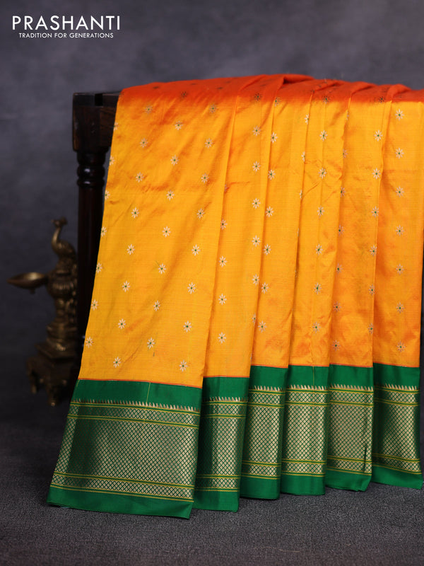 Pure paithani silk saree mango yellow and green with allover zari woven buttas and paithani weaving pallu