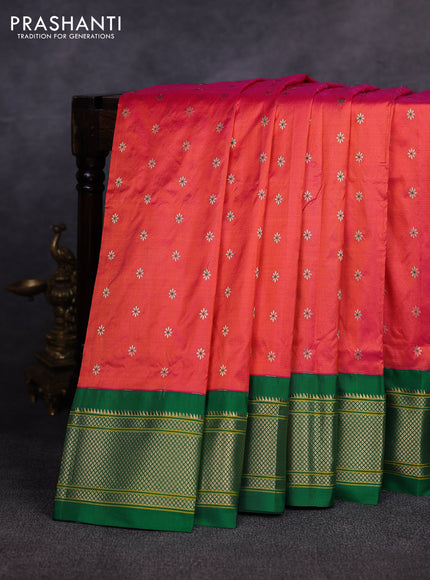 Pure paithani silk saree red and green with allover zari woven buttas and paithani weaving pallu