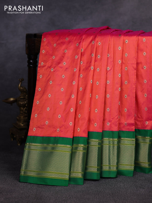Pure paithani silk saree red and green with allover zari woven buttas and paithani weaving pallu