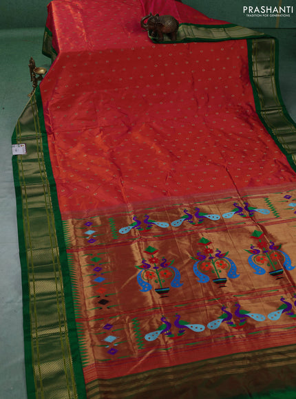 Pure paithani silk saree red and green with allover zari woven buttas and paithani weaving pallu