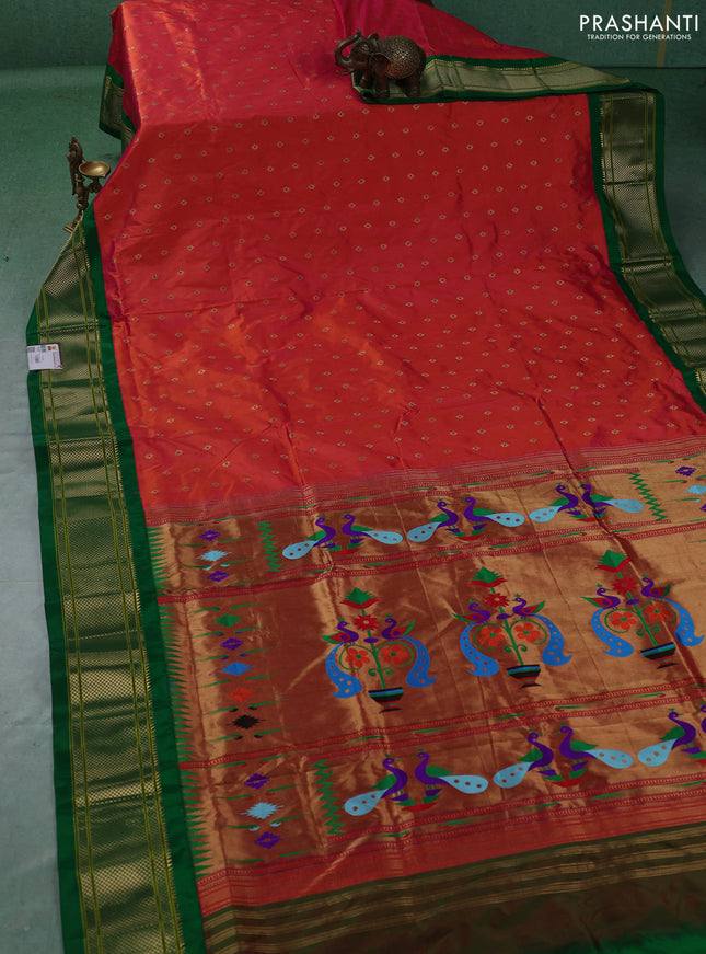 Pure paithani silk saree red and green with allover zari woven buttas and paithani weaving pallu