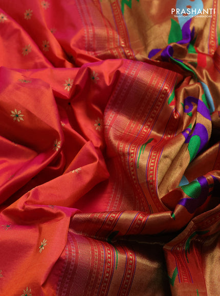 Pure paithani silk saree red and green with allover zari woven buttas and paithani weaving pallu