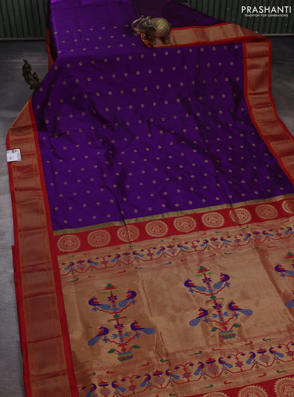 Pure paithani silk saree purple and red with allover zari woven buttas and paithani weaving pallu
