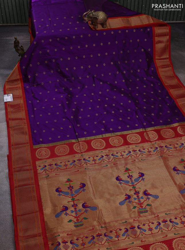 Pure paithani silk saree purple and red with allover zari woven buttas and paithani weaving pallu