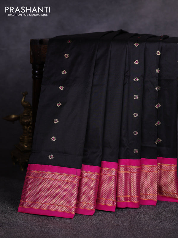 Pure paithani silk saree black and pink with allover zari woven buttas and paithani weaving pallu