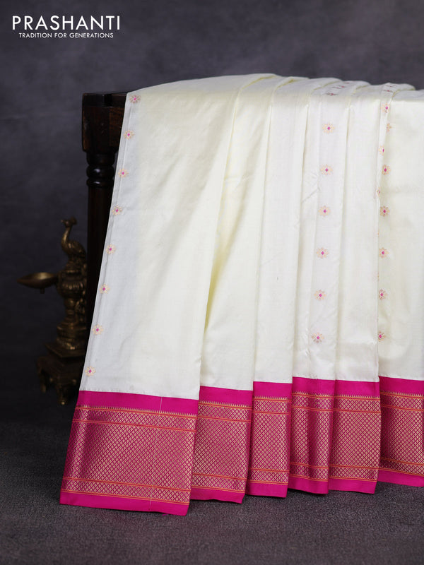 Pure paithani silk saree off white and pink with allover zari woven buttas and paithani weaving pallu