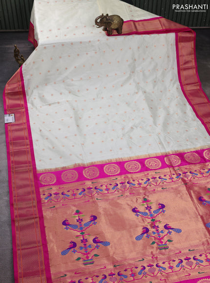 Pure paithani silk saree off white and pink with allover zari woven buttas and paithani weaving pallu
