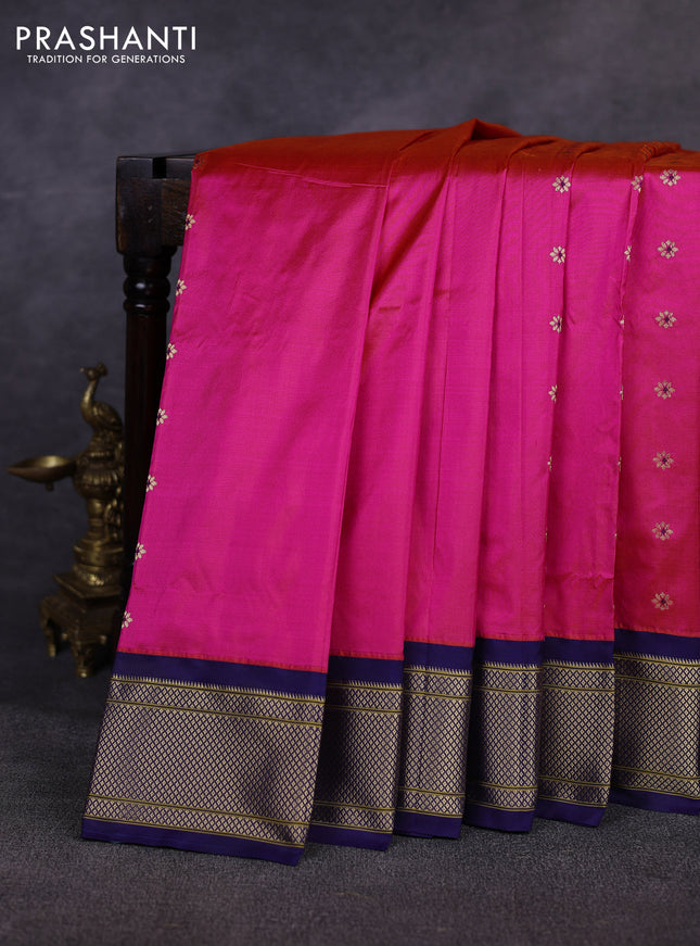 Pure paithani silk saree candy pink and navy blue with allover zari woven buttas and paithani weaving pallu