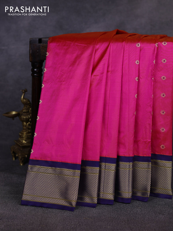 Pure paithani silk saree candy pink and navy blue with allover zari woven buttas and paithani weaving pallu