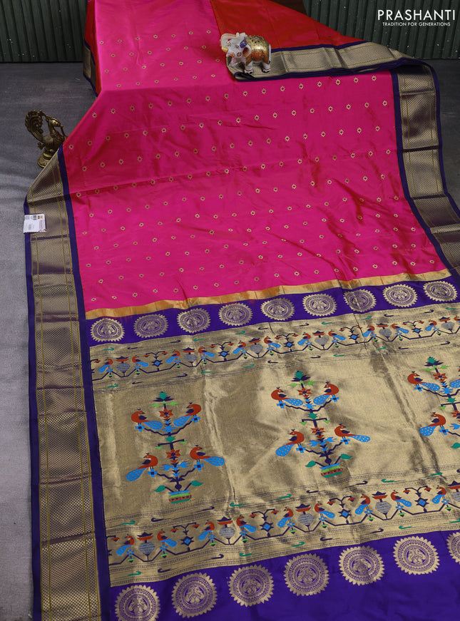 Pure paithani silk saree candy pink and navy blue with allover zari woven buttas and paithani weaving pallu